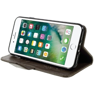 Apple iPhone 7 (iPhone 8) atverčiamas rudas odinis dėklas, knygutė - piniginė / Priedai.lt