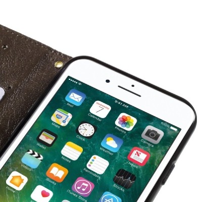 Apple iPhone 7 (iPhone 8) atverčiamas rudas odinis dėklas, knygutė - piniginė / Priedai.lt
