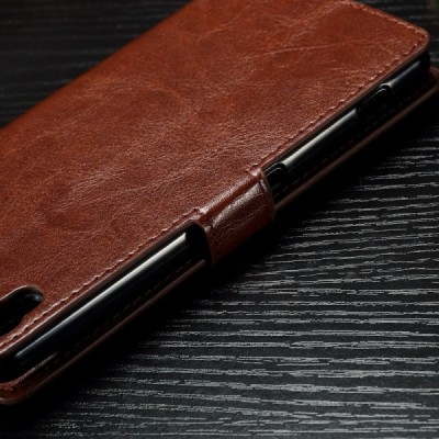 Sony Xperia XA1 atverčiamas rudas odinis dėklas - piniginė / Priedai.lt