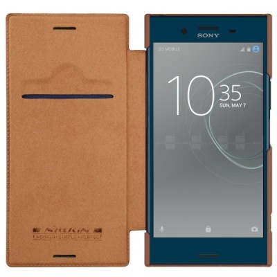 Prabangus „Nillkin“ Qin serijos rudas odinis atverčiamas Sony Xperia XZ Premium (Xperia XZ Premium Dual) dėklas - knygutė / Prie