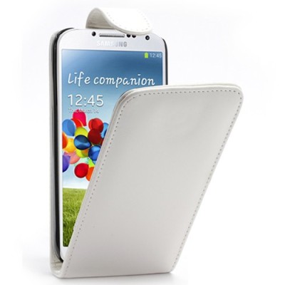 Klasikinis atverčiamas baltas odinis Samsung Galaxy S4 dėklas / Priedai.lt