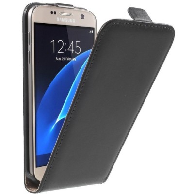 Samsung Galaxy S7 (G930) klasikinis vertikaliai atverčiamas juodas odinis dėklas / Priedai.lt