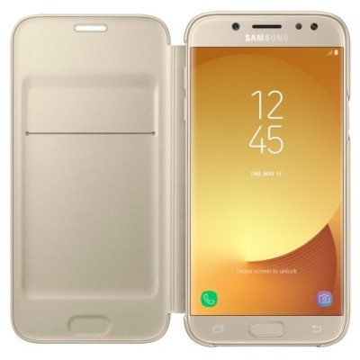 Samsung Galaxy J5 2017 (J530) originalus Wallet Cover atverčiamas auksinis odinis dėklas - piniginė / Priedai.lt