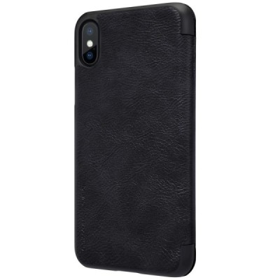 Prabangus „Nillkin“ Qin serijos juodas odinis atverčiamas Apple iPhone X (iPhone Xs) dėklas / Priedai.lt