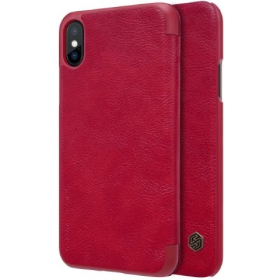 Prabangus „Nillkin“ Qin serijos raudonas odinis atverčiamas Apple iPhone X (iPhone Xs) dėklas / Priedai.lt