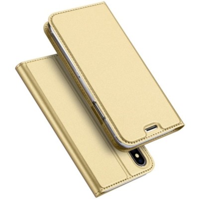 „Dux Ducis“ Skin serijos Apple iPhone X (iPhone Xs) auksinis odinis atverčiamas dėklas / Priedai.lt