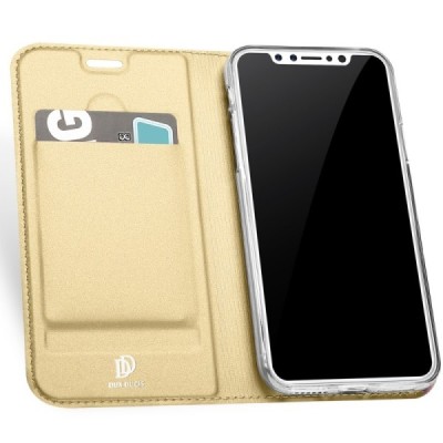 „Dux Ducis“ Skin serijos Apple iPhone X (iPhone Xs) auksinis odinis atverčiamas dėklas / Priedai.lt