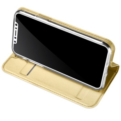„Dux Ducis“ Skin serijos Apple iPhone X (iPhone Xs) auksinis odinis atverčiamas dėklas / Priedai.lt
