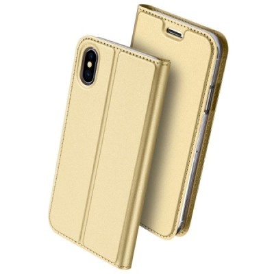 „Dux Ducis“ Skin serijos Apple iPhone X (iPhone Xs) auksinis odinis atverčiamas dėklas / Priedai.lt