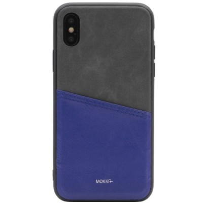 „MOKKA“ Svelte Apple iPhone X (iPhone Xs) mėlynas, pilkas odinis dėklas - nugarėlė su kišenėle kortelėms / Priedai.lt