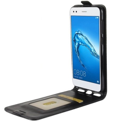 Huawei P9 Lite Mini (Y6 Pro 2017) vertikaliai atverčiamas juodas odinis dėklas - piniginė / Priedai.lt