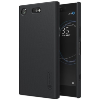 Nillkin Frosted Shield Sony Xperia XZ1 Compact juodas plastikinis dėklas + specialus kompaktiškas laikiklis telefonui pastatyti 