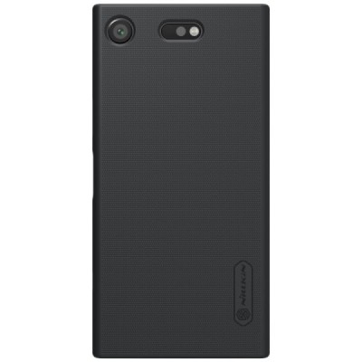 Nillkin Frosted Shield Sony Xperia XZ1 Compact juodas plastikinis dėklas + specialus kompaktiškas laikiklis telefonui pastatyti 