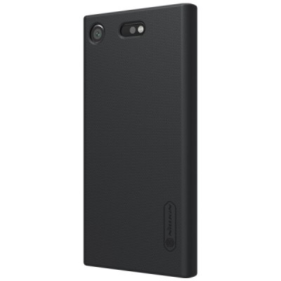 Nillkin Frosted Shield Sony Xperia XZ1 Compact juodas plastikinis dėklas + specialus kompaktiškas laikiklis telefonui pastatyti 