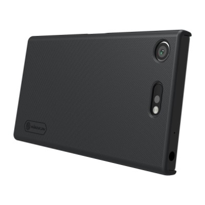 Nillkin Frosted Shield Sony Xperia XZ1 Compact juodas plastikinis dėklas + specialus kompaktiškas laikiklis telefonui pastatyti 