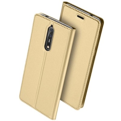 „Dux Ducis“ Skin serijos Nokia 8 auksinis odinis atverčiamas dėklas / Priedai.lt