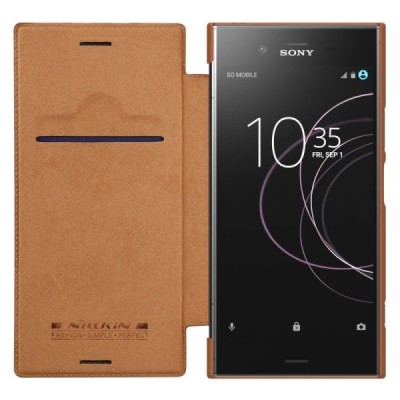 Prabangus „Nillkin“ Qin serijos rudas odinis atverčiamas Sony Xperia XZ1 dėklas - knygutė / Priedai.lt