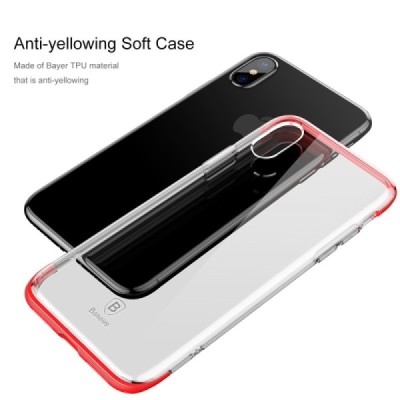 Apple iPhone X (iPhone Xs) „Baseus“ Armor Case TPU silikoninis skaidrus permatomas dėklas su raudonu rėmeliu / Priedai.lt