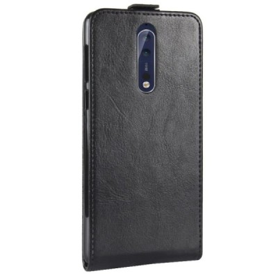 Nokia 8 klasikinis vertikaliai atverčiamas juodas odinis dėklas / Priedai.lt
