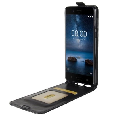 Nokia 8 klasikinis vertikaliai atverčiamas juodas odinis dėklas / Priedai.lt