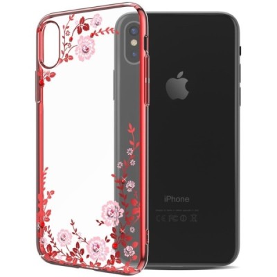 Apple iPhone X (iPhone Xs) „Kavaro“ Crystal  Flowers Swarovski plastikinis skaidrus permatomas raudonas dėklas su kristalais / P