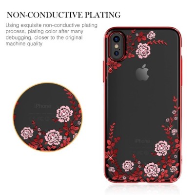 Apple iPhone X (iPhone Xs) „Kavaro“ Crystal  Flowers Swarovski plastikinis skaidrus permatomas raudonas dėklas su kristalais / P