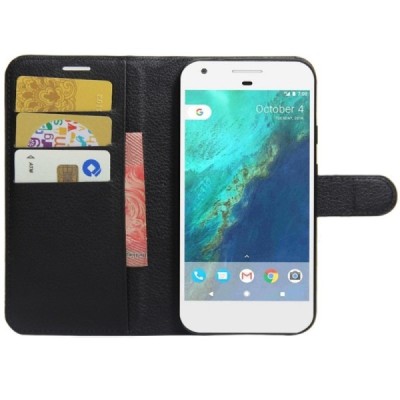 Google Pixel XL atverčiamas juodas odinis Litchi dėklas - piniginė / Priedai.lt