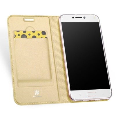 „Dux Ducis“ Skin serijos Asus Zenfone 4 Max (ZC554KL) auksinis odinis atverčiamas dėklas / Priedai.lt