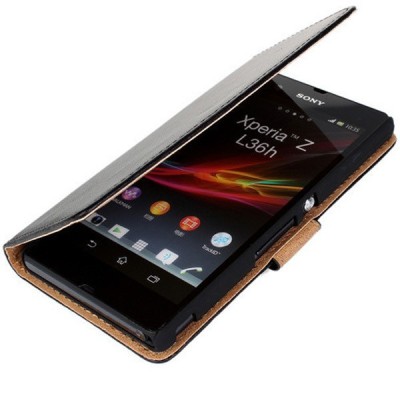 Sony Xperia Z (L36h, C6603, C6602) atverčiamas juodas odinis Casual dėklas - piniginė / Priedai.lt
