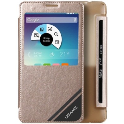 Samsung Galaxy Note 4 (N910) Usams Viva aukso spalvos atverčiamas dėklas su langeliu / Priedai.lt