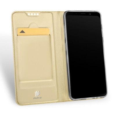 „Dux Ducis“ Skin serijos Samsung Galaxy A8 2018 (A530F) auksinis odinis atverčiamas dėklas / Priedai.lt