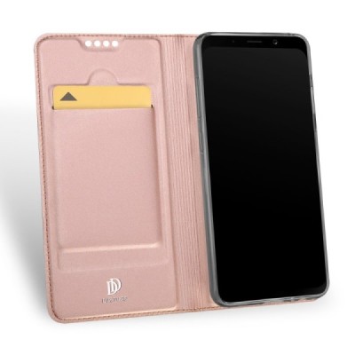 „Dux Ducis“ Skin serijos Samsung Galaxy A8+ 2018 (A730F) rožinis odinis atverčiamas dėklas / Priedai.lt