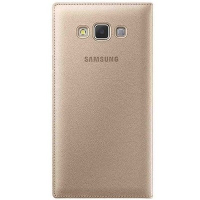 Samsung Galaxy A7 (A700) atverčiamas auksinis odinis dėklas su langeliu / Priedai.lt