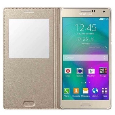 Samsung Galaxy A7 (A700) atverčiamas auksinis odinis dėklas su langeliu / Priedai.lt