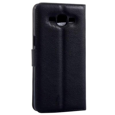 Samsung Galaxy J1 Ace (J110) atverčiamas juodas odinis Litchi dėklas - piniginė / Priedai.lt