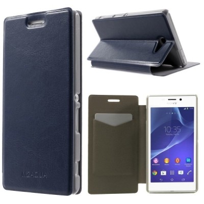 Sony Xperia M2 Aqua atverčiamas tamsiai mėlynas odinis dėklas / Priedai.lt