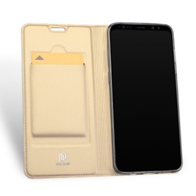 „Dux Ducis“ Skin serijos Samsung Galaxy S9 (G960) auksinis odinis atverčiamas dėklas / Priedai.lt