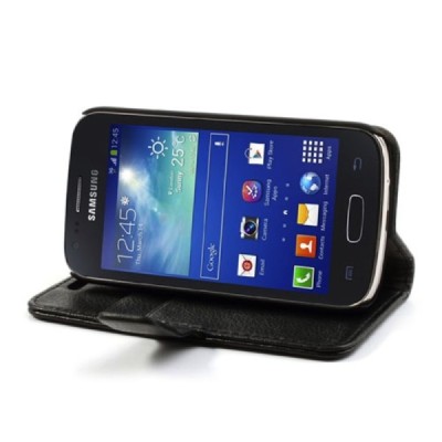 Samsung Galaxy Ace 3 (S7270) atverčiamas juodas odinis dėklas - piniginė / Priedai.lt