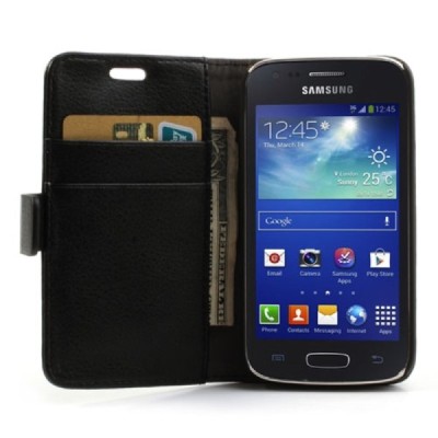Samsung Galaxy Ace 3 (S7270) atverčiamas juodas odinis dėklas - piniginė / Priedai.lt