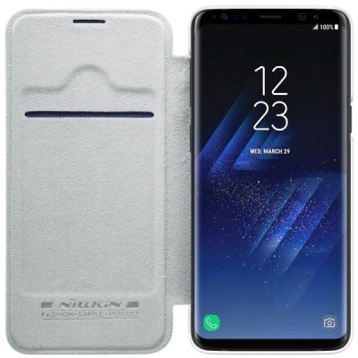 Prabangus „Nillkin“ Qin serijos baltas odinis atverčiamas Samsung Galaxy S9+ (G965) dėklas / Priedai.lt