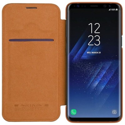 Prabangus „Nillkin“ Qin serijos rudas odinis atverčiamas Samsung Galaxy S9+ (G965) dėklas / Priedai.lt