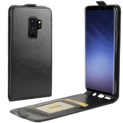 Samsung Galaxy S9+ (G965) klasikinis vertikaliai atverčiamas juodas odinis dėklas / Priedai.lt