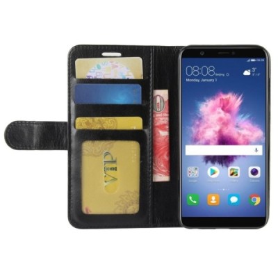 Huawei P smart 2018 (Enjoy 7S) atverčiamas juodas odinis dėklas, knygutė - piniginė / Priedai.lt