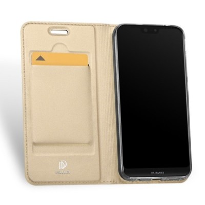 „Dux Ducis“ Skin serijos Huawei P20 Lite (Nova 3e) auksinis odinis atverčiamas dėklas / Priedai.lt