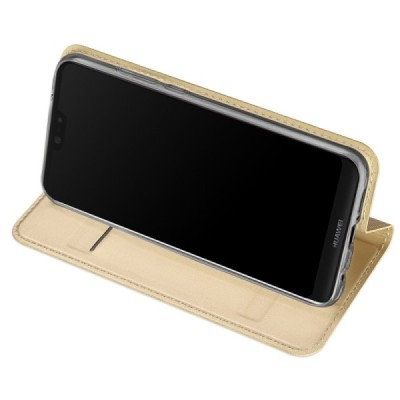 „Dux Ducis“ Skin serijos Huawei P20 Lite (Nova 3e) auksinis odinis atverčiamas dėklas / Priedai.lt