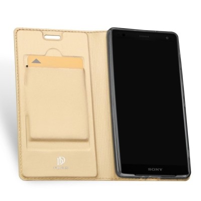 „Dux Ducis“ Skin serijos Sony Xperia XZ2 auksinis odinis atverčiamas dėklas / Priedai.lt