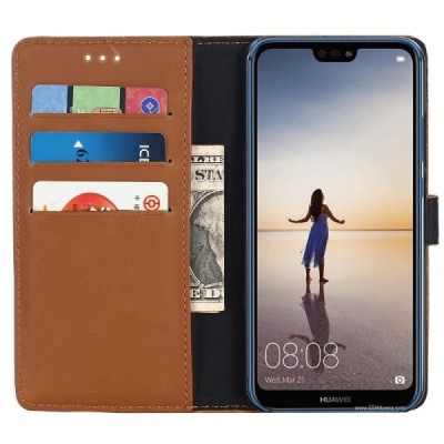 Huawei P20 Lite (Nova 3e) atverčiamas šviesiai rudos spalvos odinis retro dėklas - piniginė / Priedai.lt