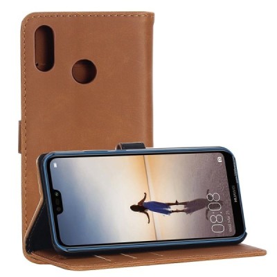 Huawei P20 Lite (Nova 3e) atverčiamas šviesiai rudos spalvos odinis retro dėklas - piniginė / Priedai.lt