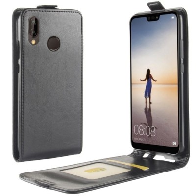 Huawei P20 Lite (Nova 3e) klasikinis vertikaliai atverčiamas juodas odinis dėklas / Priedai.lt