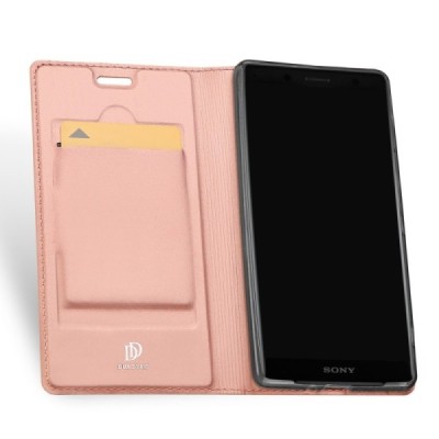„Dux Ducis“ Skin serijos Sony Xperia XZ2 Compact rožinis odinis atverčiamas dėklas / Priedai.lt